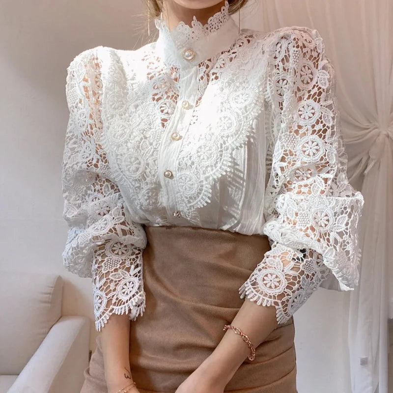 Elegant Loose Sweet Fashion Lace Women Blouse Office Stand Collar Casual Shirt Ladies Petal Long Sleeves Hollow Out Top Clothing