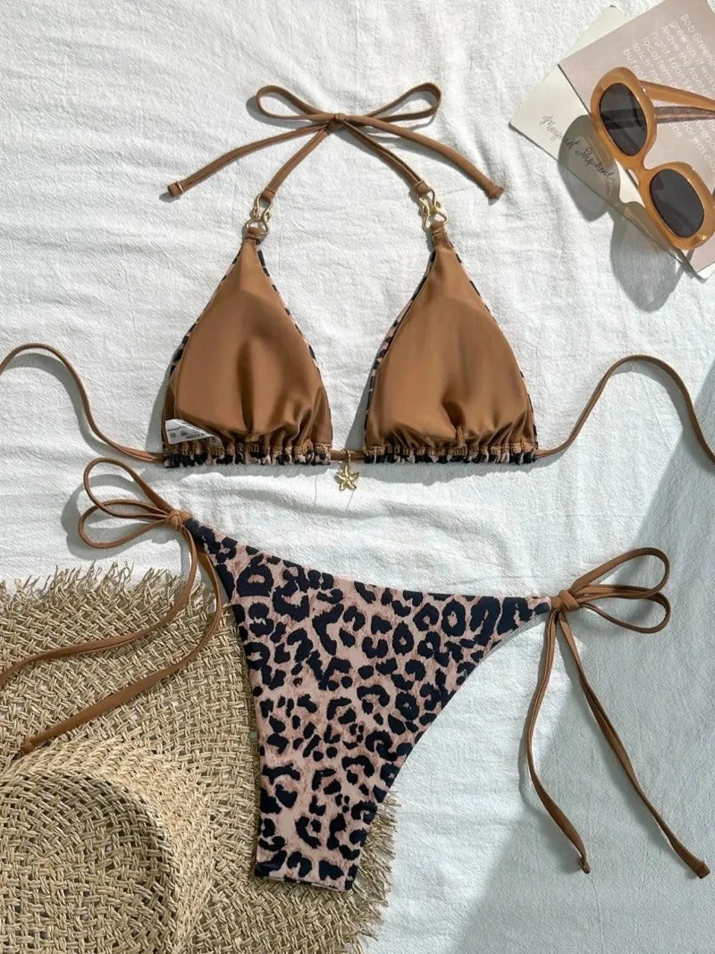 2025 New Arrival European and American Leopard Print Halter Bikini Set for Women, Sexy Swimsuit