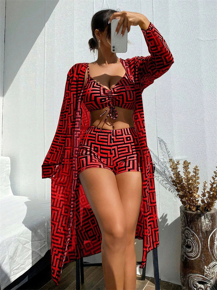 Bikini Women Swimsuit 2025 New Lattice Sling Bikinis Set Sexy Boxer Shorts Swimwear Summer Long Sleeve Beach Bathing Suit Female