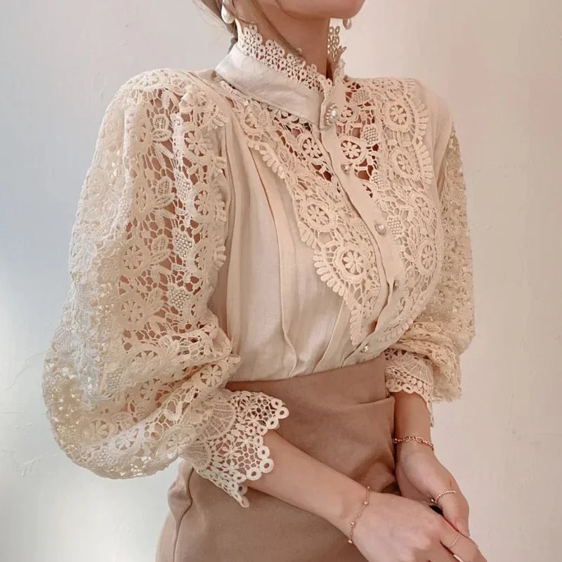 Elegant Loose Sweet Fashion Lace Women Blouse Office Stand Collar Casual Shirt Ladies Petal Long Sleeves Hollow Out Top Clothing