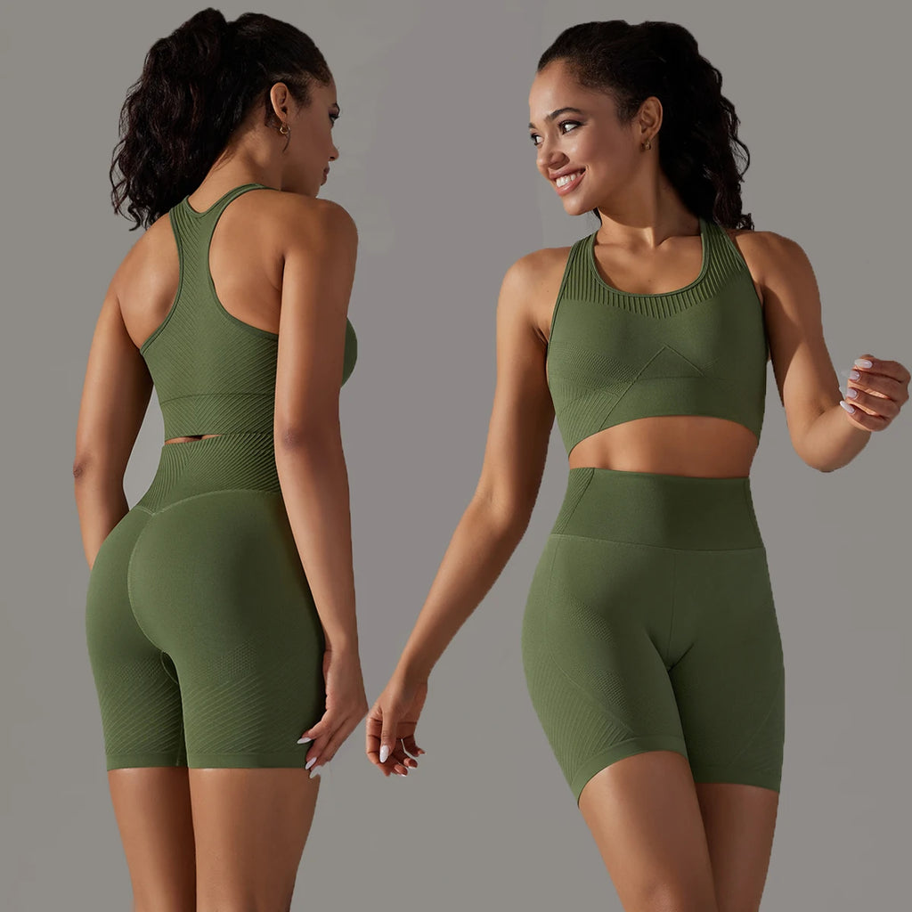 Women Yoga Set Bra Shorts Set Seamless Fitness Tracksuit Gym Sportswear Running Shorts Sports Set Workout Shockproof Vest Outfit