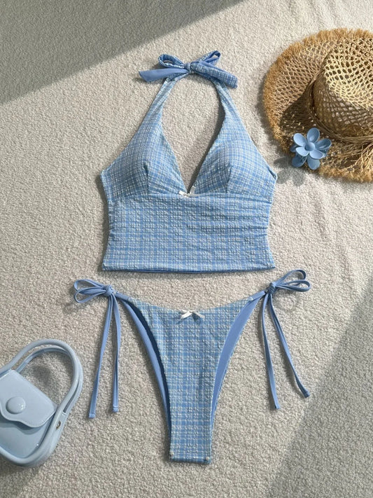 2025 Summer Floral Halter Bikini Women's Sexy Backless Swimwear with Tie Detail Summer Strappy Two Piece Bathing Suit Holiday