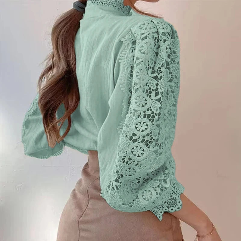 Elegant Loose Sweet Fashion Lace Women Blouse Office Stand Collar Casual Shirt Ladies Petal Long Sleeves Hollow Out Top Clothing