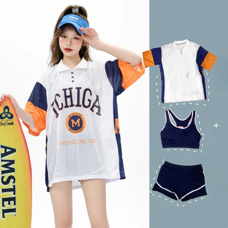 Conservative Student Swimwear ular Korean Sle Women's Tee-piece Set Long Sve Spor Separate Bikini Suit