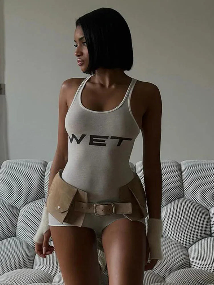 New 2025 Summer Women Sexy Sport Romper Subtranslucent Slim Playsuits Letter Printed White Women'S Raceback Sleeveless