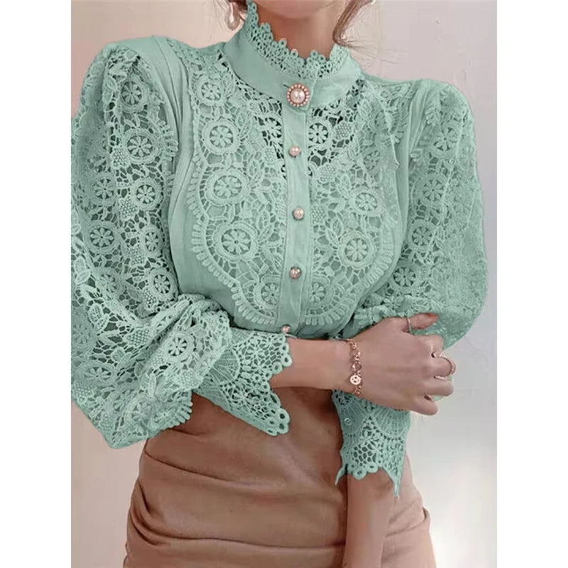 Elegant Loose Sweet Fashion Lace Women Blouse Office Stand Collar Casual Shirt Ladies Petal Long Sleeves Hollow Out Top Clothing