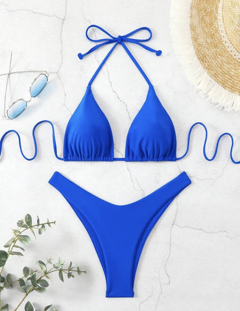 Women Thong Bikini Sexy Solid White/Black/Coffee Halter Swimsuit Lace Up Brazilian Bathing Suit New Double Fabric Beachwear