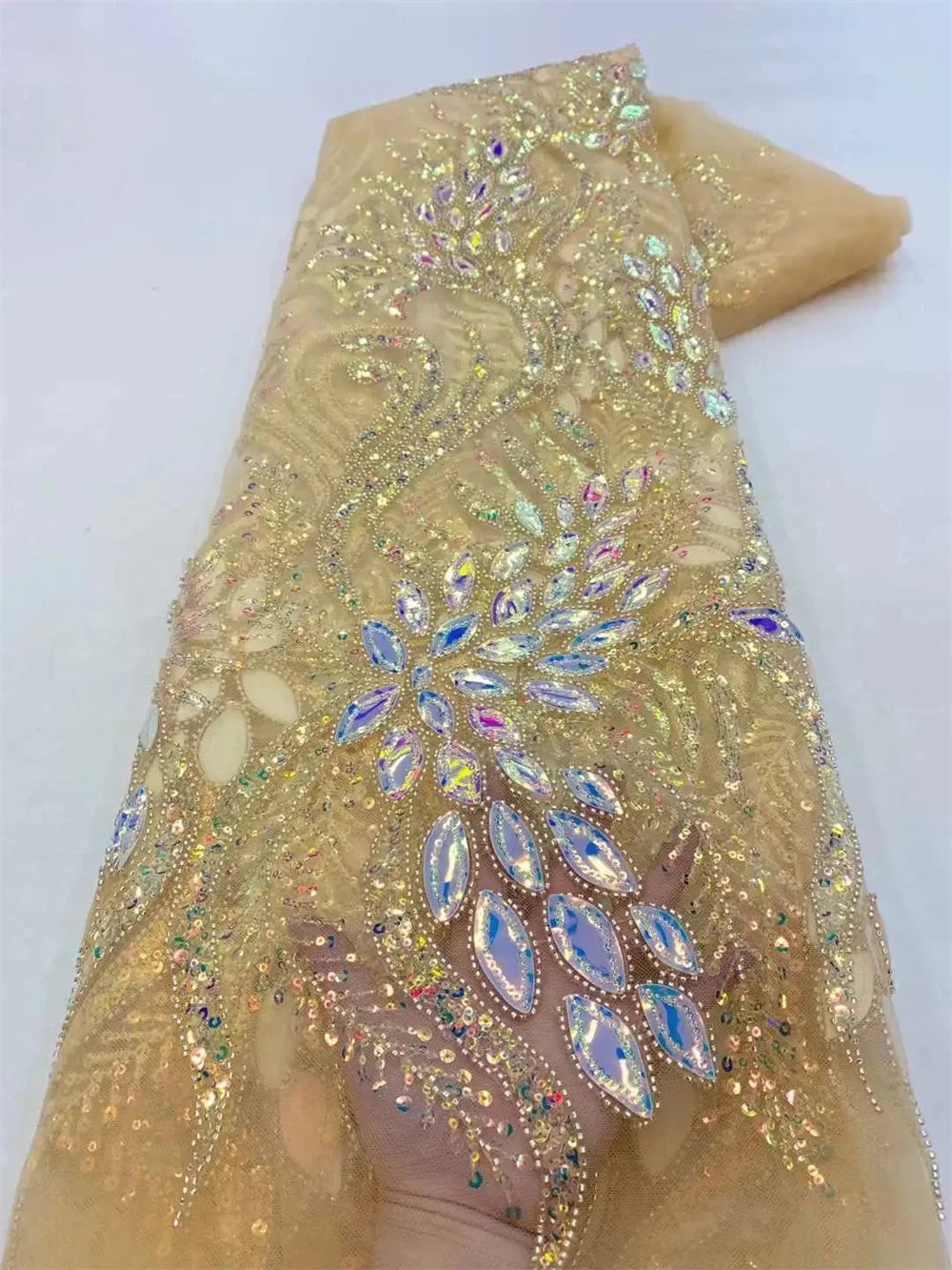 African Heavy Beaded Lace Fabric 2025 - Nigerian French Tulle - XY06, 5 Yards