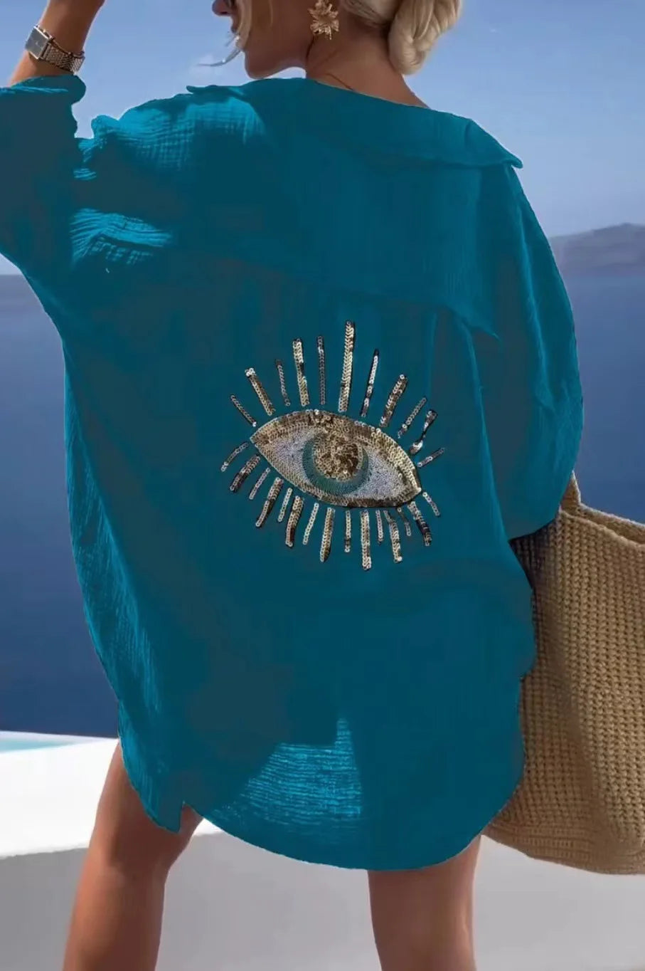 Casual Bright Sequin Evil Eye Shirt Women Summer Fashion Long Sleeve Loose Long Blouse Streetwear Turn-down Collar Cotton Tops