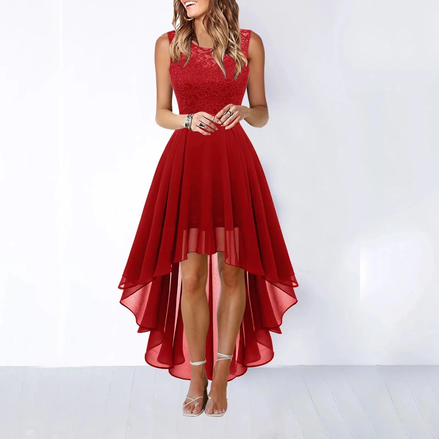Spring Summer 2025 Hollow out Waist Cinched Lace Evening Dress Midi Skirt Sleeveless round Neck Polyester Fabric Empire Waist