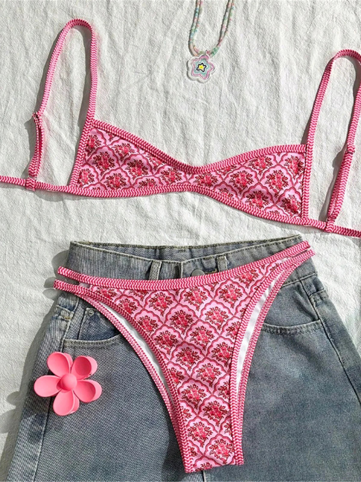 S - XL Flowers Printed High Leg Cut Bikini Female Swimsuit Women Swimwear Two-pieces Bikini set Bather Bathing Suit Swim V6965