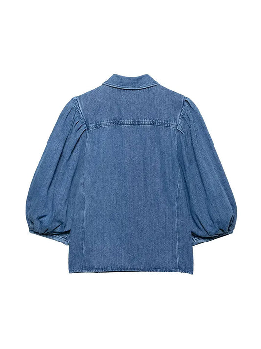 TFAFXY 2025 Spring Summer Casual Women's Denim Blouse Collar Single Breasted Loose Blouse New Fashion Shirts