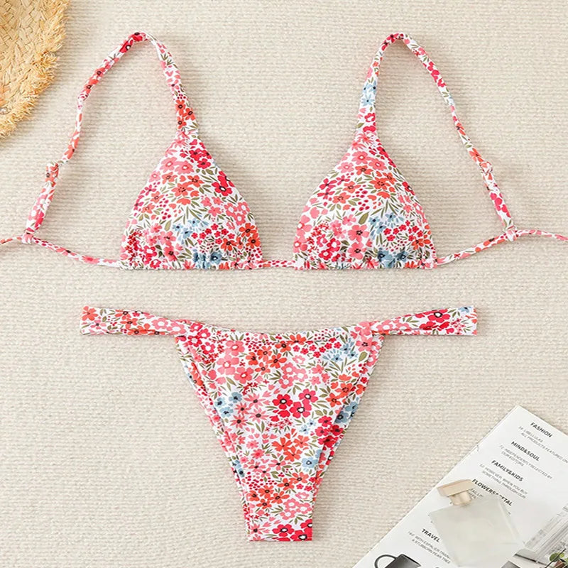 Sexy Pink Floral Print Bikini Set 2025 Women Halter Push Up Bra Pleate Thong Swimsuit Summer Bathing Suit Triangle Swimwear