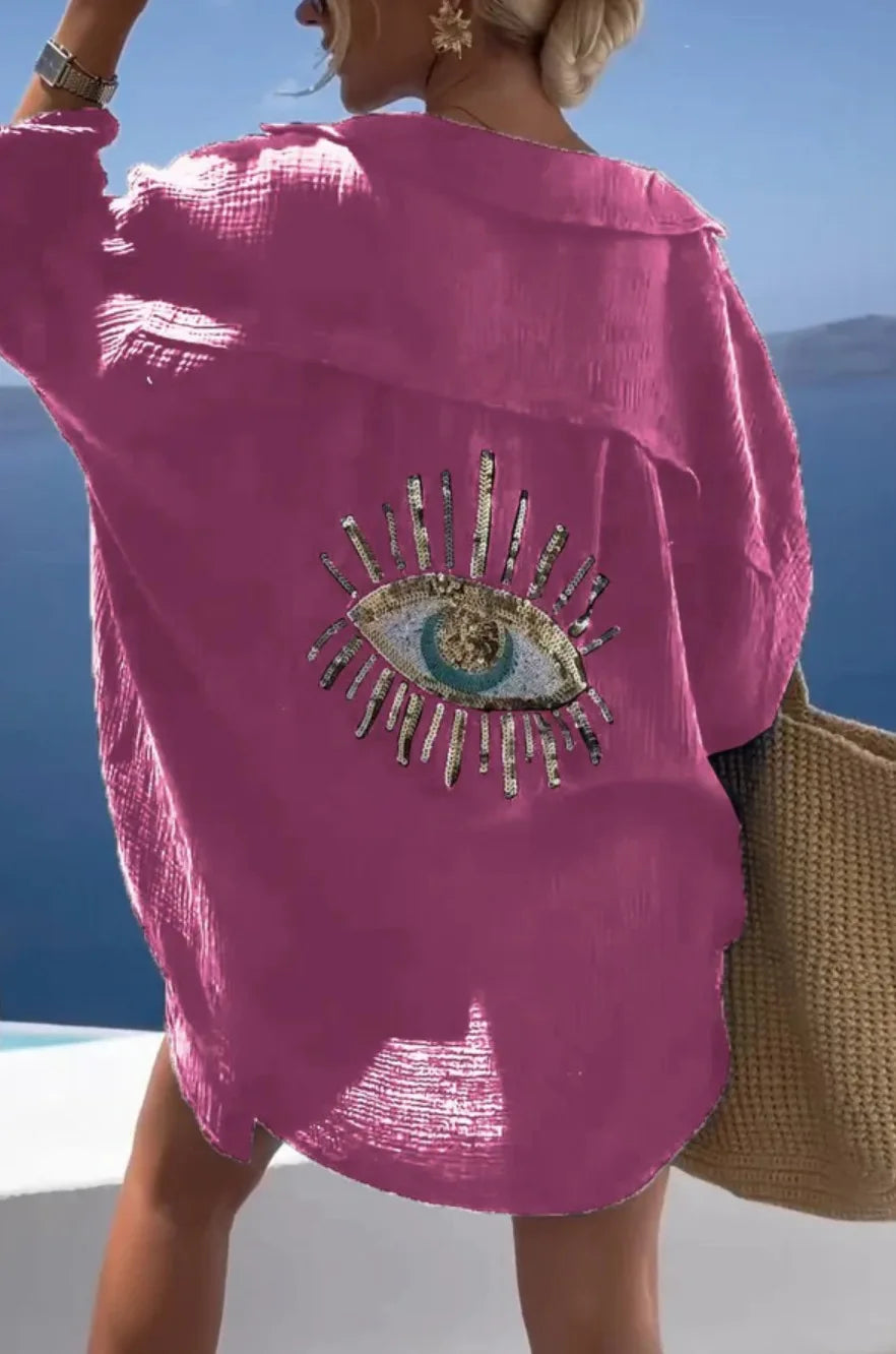 Casual Bright Sequin Evil Eye Shirt Women Summer Fashion Long Sleeve Loose Long Blouse Streetwear Turn-down Collar Cotton Tops