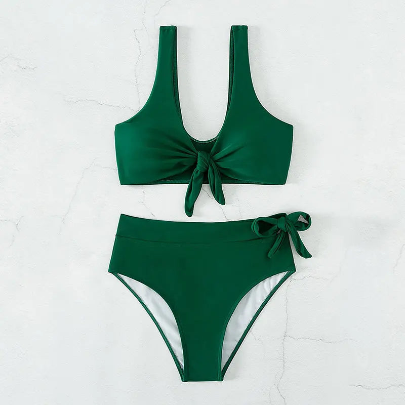 Sexy Solid V-neck High Waist Bikini Sets Reversible Knot Bottom Swimsuit Two Pieces Swimwear Women 2023 Beach Bathing Suits