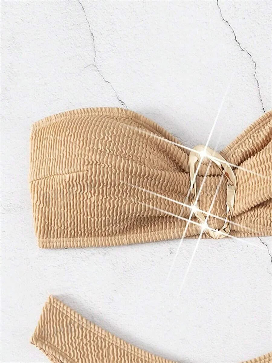 Sexy Bandeau Bikini Set Women Brown Metal Bow Ornaments Push Up Micro Swimwear 2025 Brazilian Summer Beach Bathing Suit Swimsuit