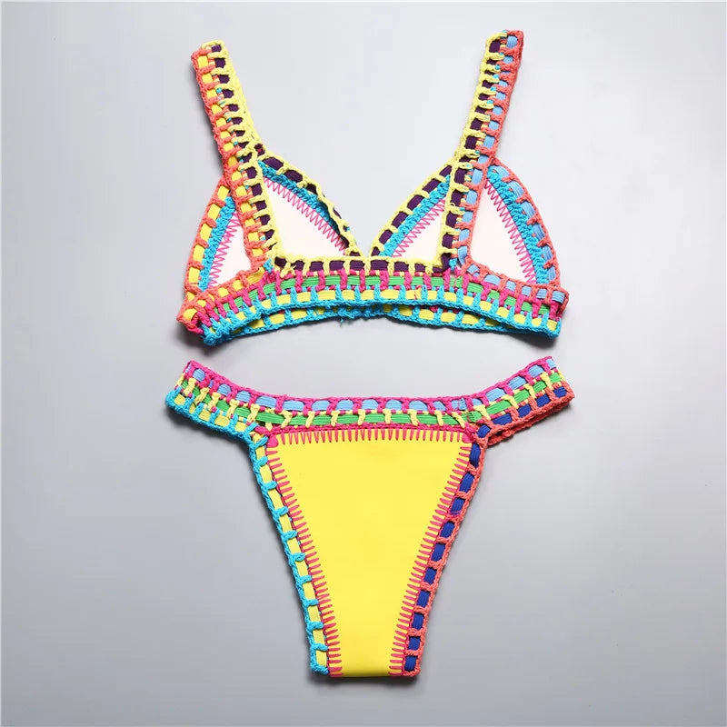 Bikini Crochet 2025 Handmade Knit Patchwork Reversible 2 Piece Swimsuit Women Halter Top Brazilian Bathing Suit Thong Swimwear