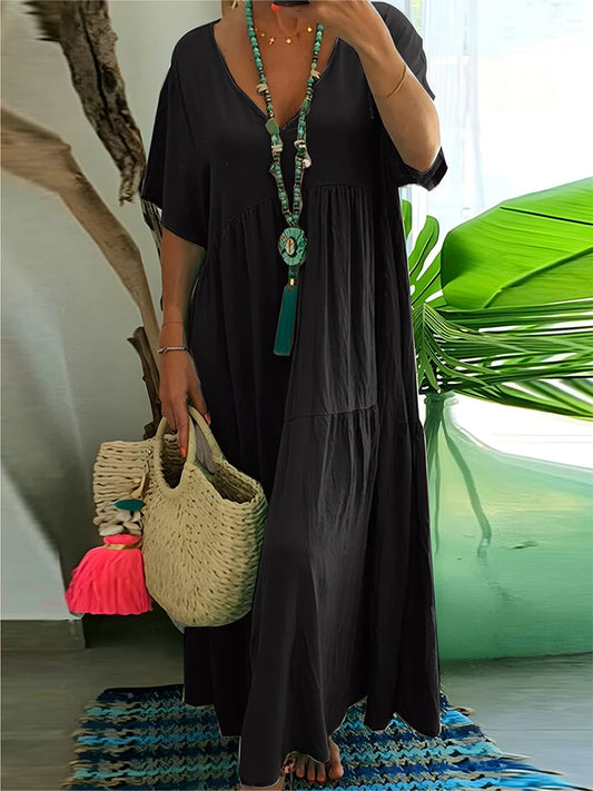 Plus Size Dress Women 2025 Summer V-Neck Short Sleeve Pleated Solid Color Casual Midi Dress Hem Loose Dress XL-5XL