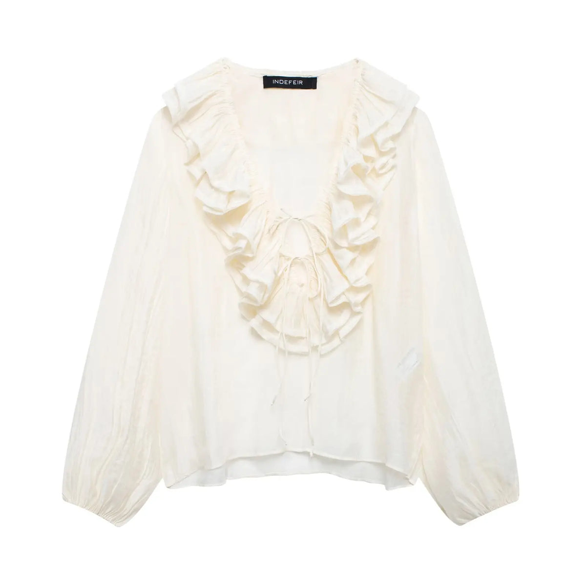 TRAFZA Elegant Women's Tierred Ruffles Blouses V-Neck Long Sleeve Loose Shirt Lady Spring Chic Lace-up Wild Woman Solid Top