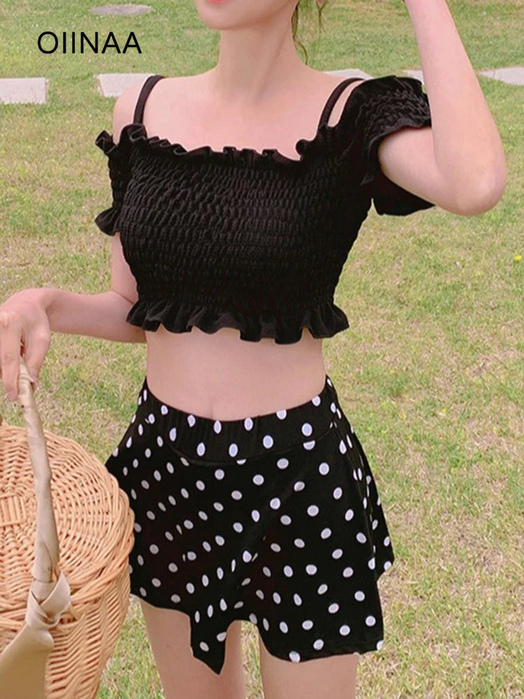 OIINAA Swimwear Women Halter Slash Neck Bikini Set Pleated Ruffled High Waist Dot Skirt Summer 2025 Vintage Hot Spring Swimwear