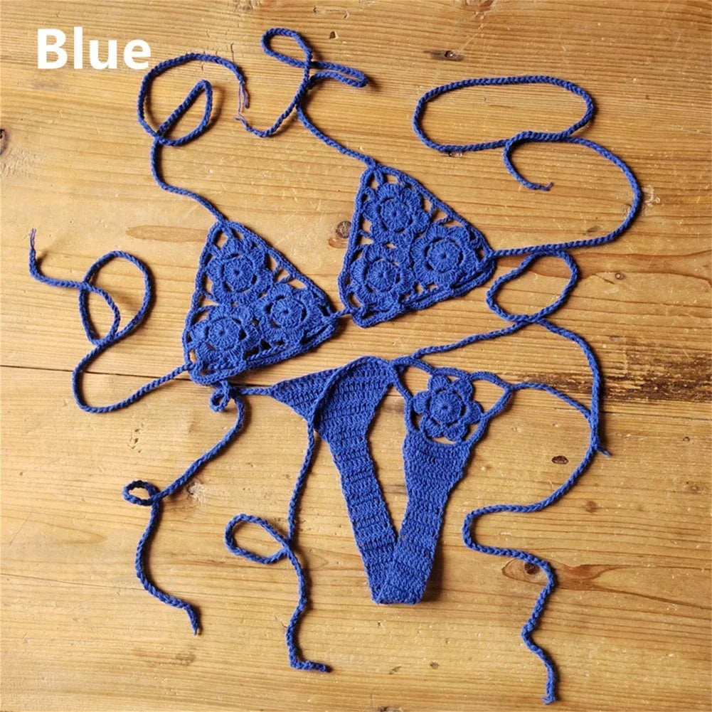 Crochet Bikini Set G-String Lace Up Thong Beach Swimwear Sexy Swimsuit Bra Set For Summer Swimming Party Holiday