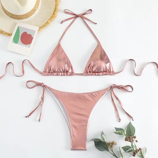Solid Color Halter Neck Strap Thong Women Swimsuit Two Pieces Bikini Set Bronzing Surface Lace-up Briefs Beach Swimwear Swimsuit