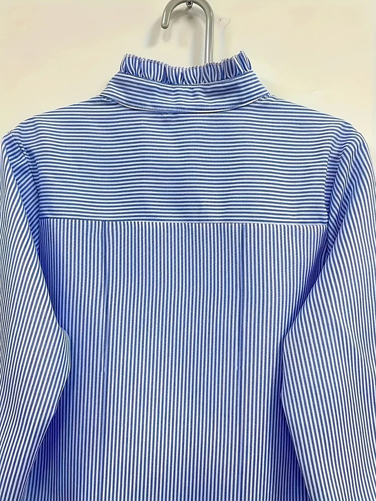 Plus Size Women's New Women's Blue Striped Shirt Basic Comfortable Versatile Temperament Long Sleeve Shirt