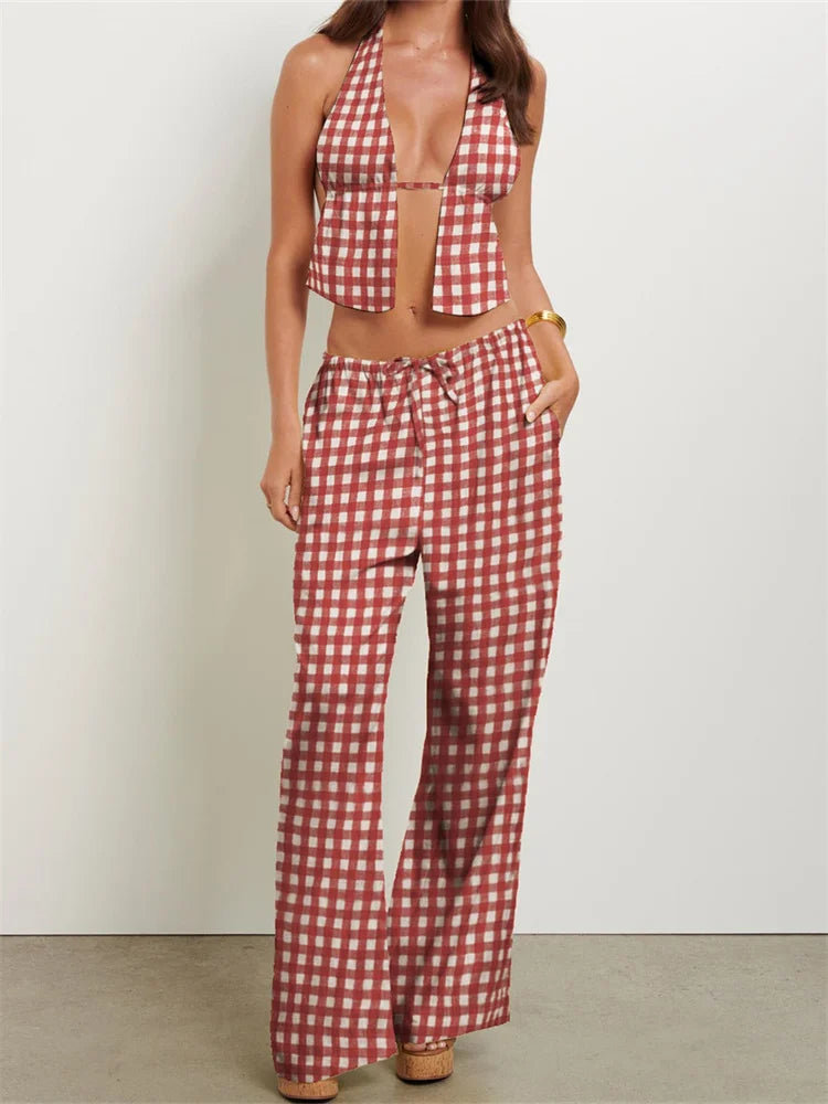 CHRONSTYLE Women Summer Pants Outfits Striped/Solid Halter Tie-Up Backless Tank Tops Wide-Leg Pants 2 Pieces Set Streetwear 2024