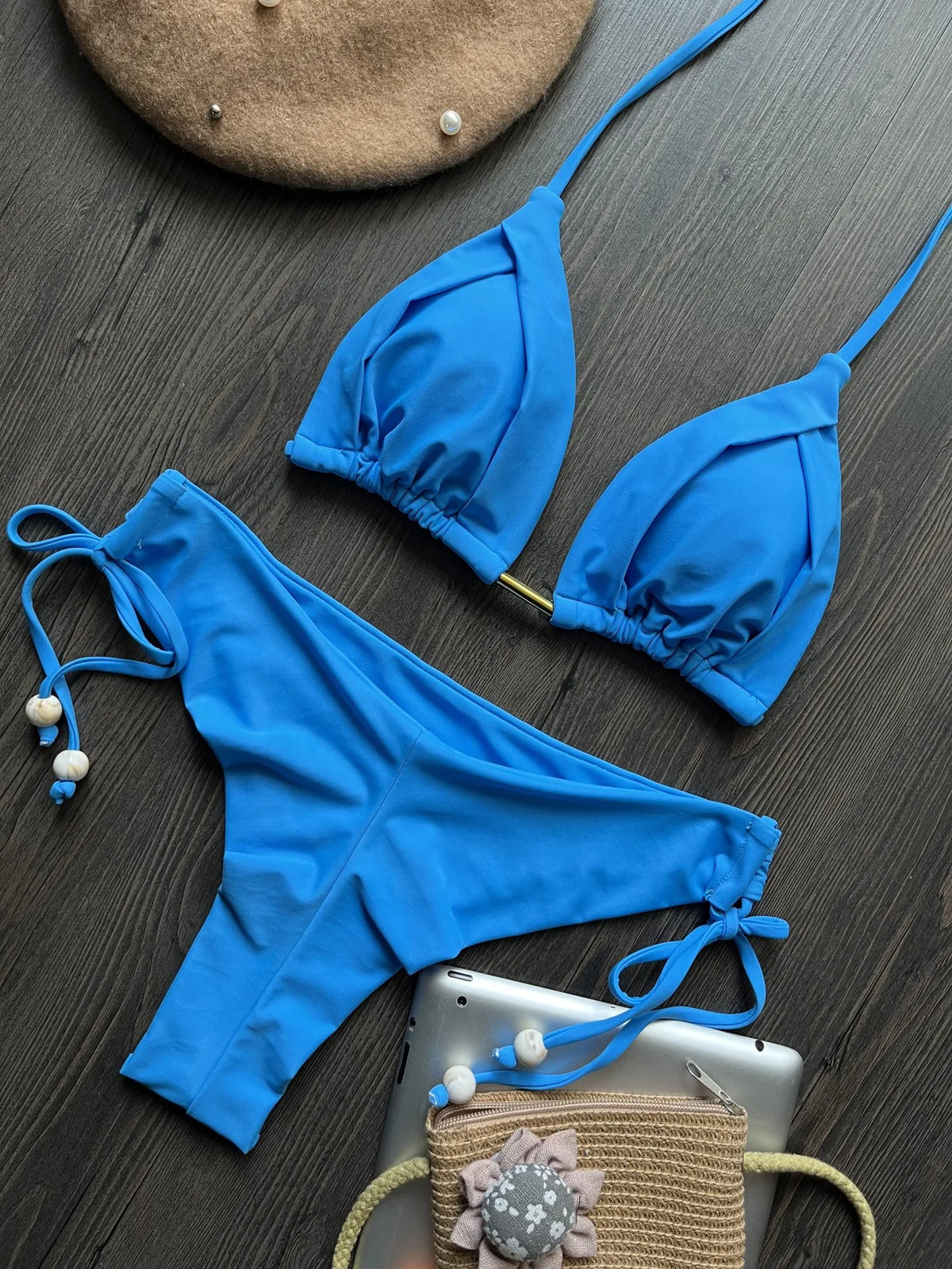 Sexy Halter Bandage Bikini Set Drawstring Beeds Patchwork Women Swimsuit Two-piece Triangle Thong Swimwear Bathing Suit Biquini