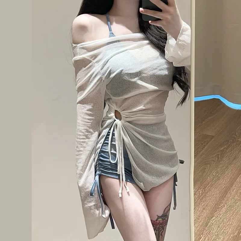 OIINAA Swimsuit Women Neck-mounted Print Hot Spring Swimwear High Waist Drawstring Bikini Set Cover-Ups Wrap Skirt Summer 2025