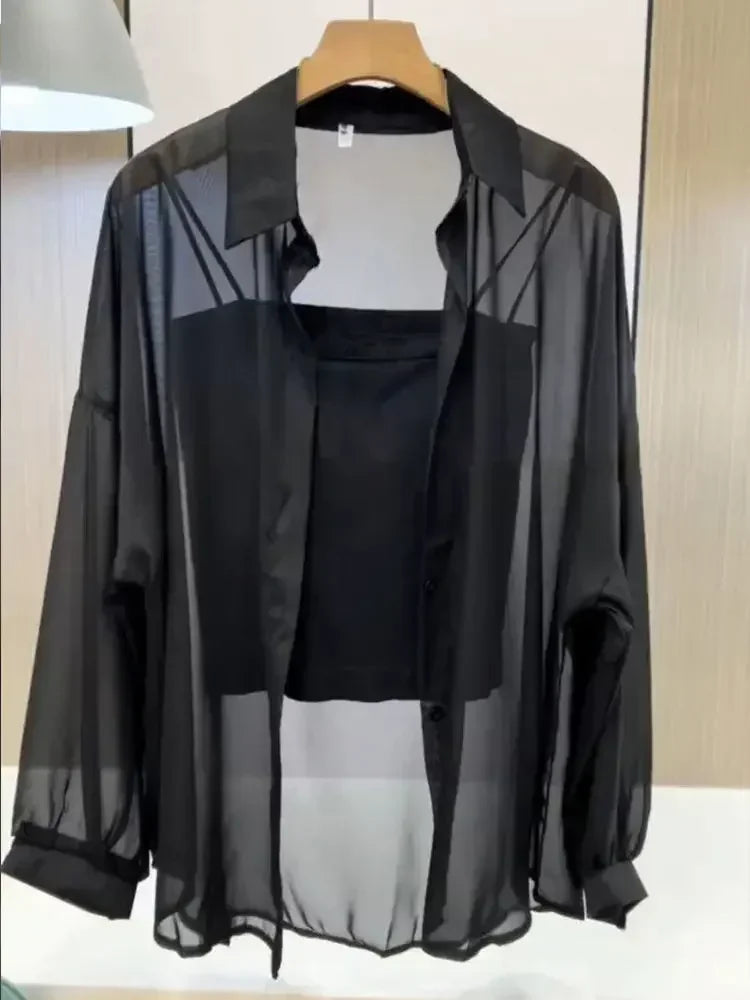 Plus Size Women’s Shirts Summer Breathable and Sun-Proof Ice Silk with Button Thin Loose Sheer Chiffon Blouses Long Sleeve