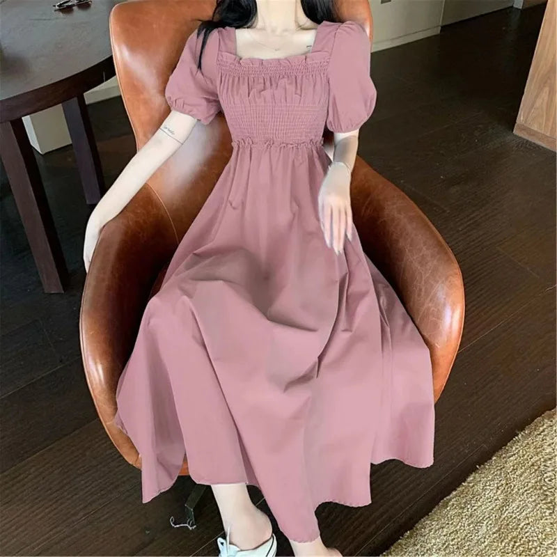 Summer Women Dress Pleated Shirring Square Neck Short Sleeve Bubble Sleeve Ladies Dress Solid Color Loose Hem Midi Dress
