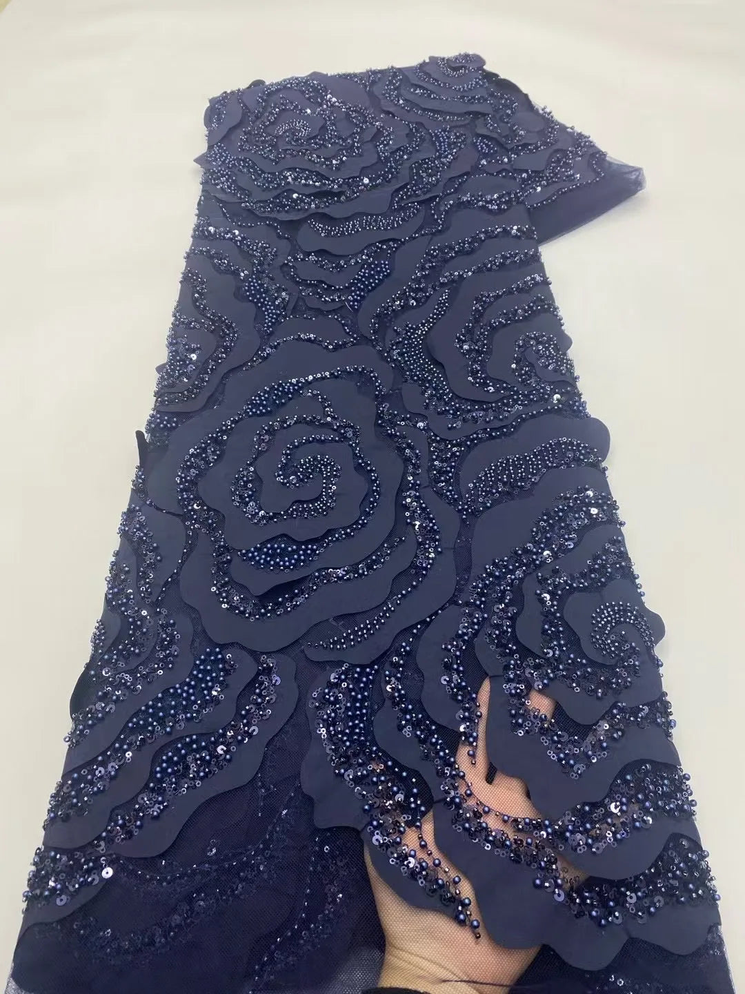 African Nigerian Groom Lace Fabric - Luxury Sequined Embroidery (Black) - C233, 5 Yards