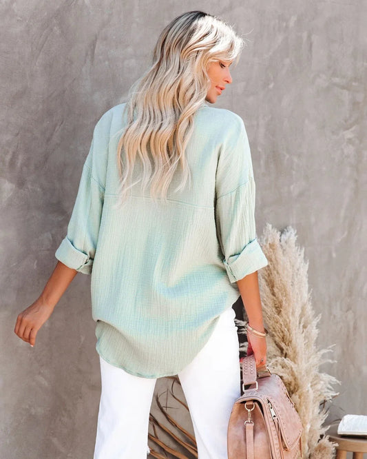 Women's Oversize Shirt Pocket Elegant Beautiful Blouse Women Casual Solid Turn Down Collar Loose Long Sleeve Top 2023 New