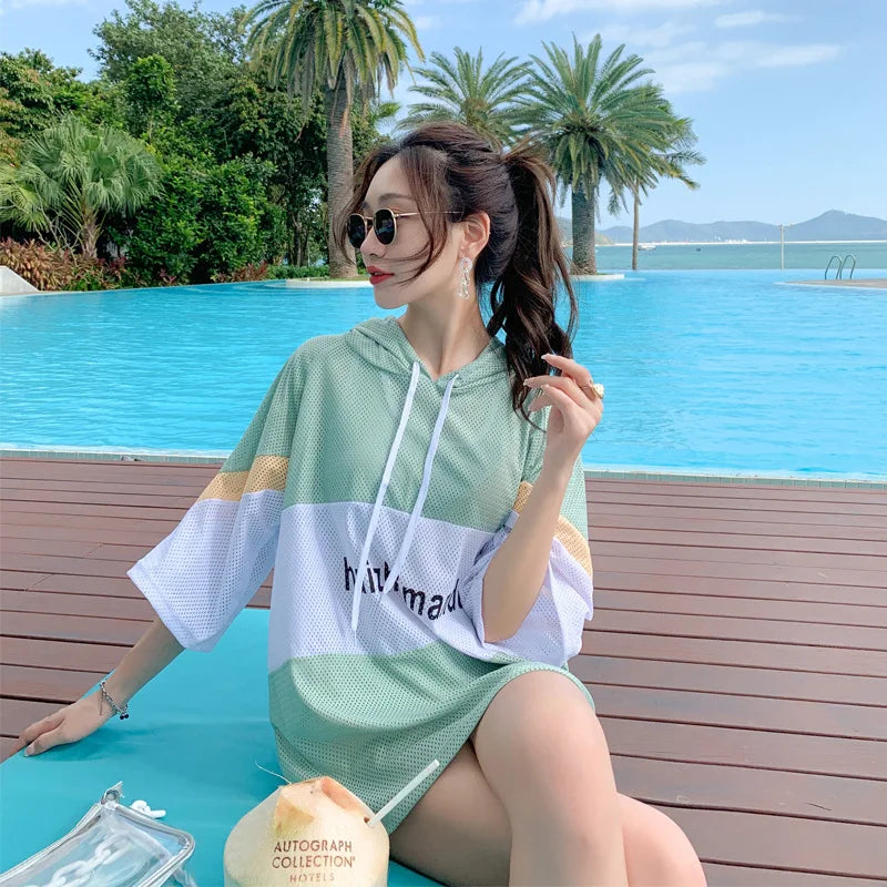 Conservative Student Swimwear ular Korean Sle Women's Tee-piece Set Long Sve Spor Separate Bikini Suit