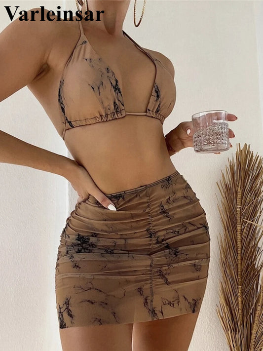 6 Colors Tie Dye With Skirt Halter Bikini Female Swimsuit Women Swimwear Three-pieces Bikini set Bather Bathing Suit Swim V4082