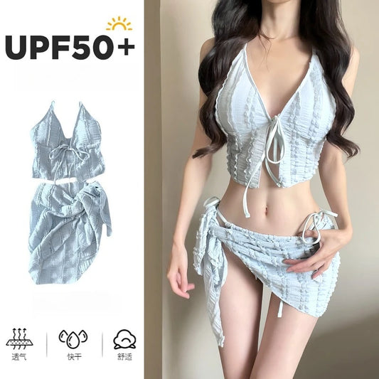 Thailand 2025 New Swimsuit Women's Solid Color Straps High-end Bikini 3-piece Set Beautiful White Swimsuit Women Bikini Set