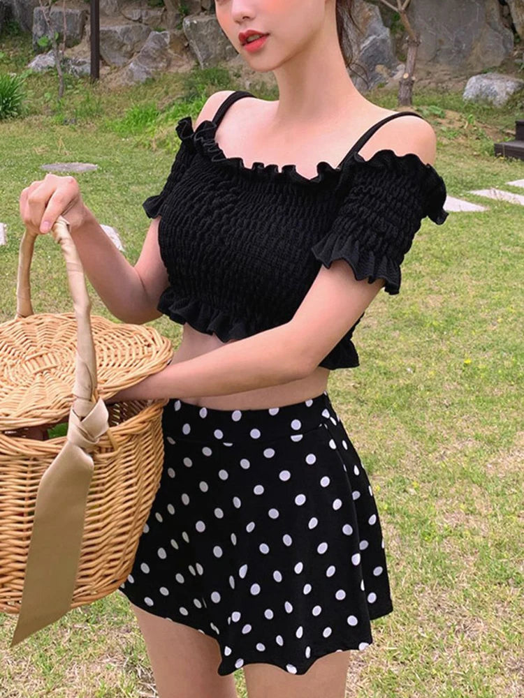 OIINAA Swimwear Women Halter Slash Neck Bikini Set Pleated Ruffled High Waist Dot Skirt Summer 2025 Vintage Hot Spring Swimwear