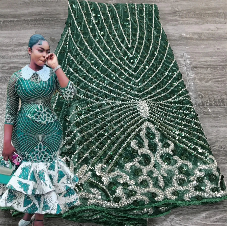 Latest African Sequined Lace Fabric 2025 - Beaded Mesh - French, 5 Yards