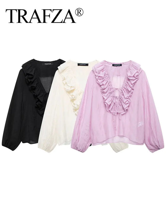 TRAFZA Elegant Women's Tierred Ruffles Blouses V-Neck Long Sleeve Loose Shirt Lady 2025 Spring Chic Lace-up Wild Woman Solid Top