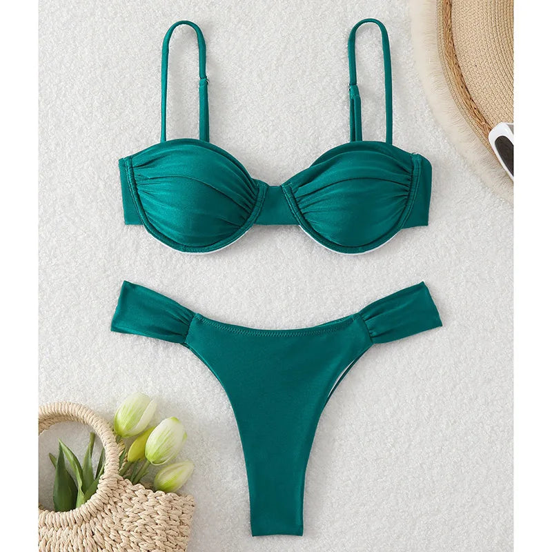 Sexy Bikini Set Women Bathing Suit Solid Pleated Lace Up Thong Split Micro Bikini Summer 2025 New Beach Wear Two Pieces Swimwear