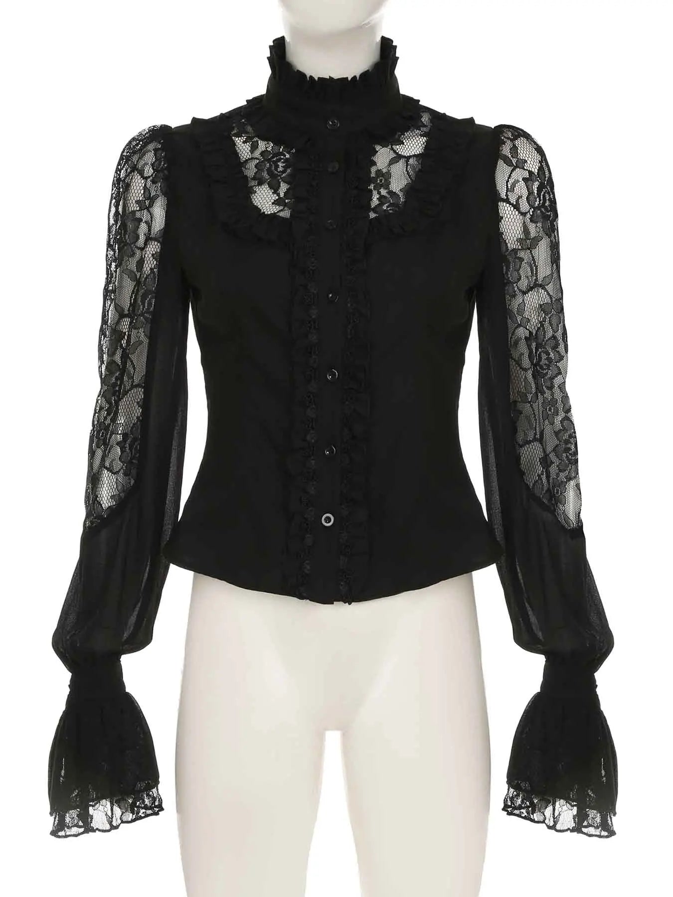 IAMSURE Vintage Dark Patchwork Lace Blouse Gothic See Through Turtleneck Long Sleeve Shirts Women 2025 Spring Autumn Streetwear