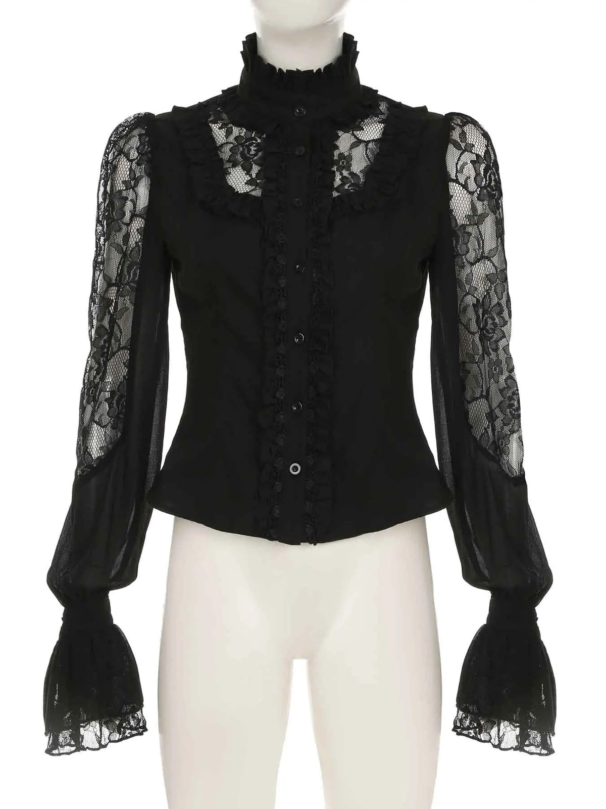 IAMSURE Vintage Dark Patchwork Lace Blouse Gothic See Through Turtleneck Long Sleeve Shirts Women 2025 Spring Autumn Streetwear
