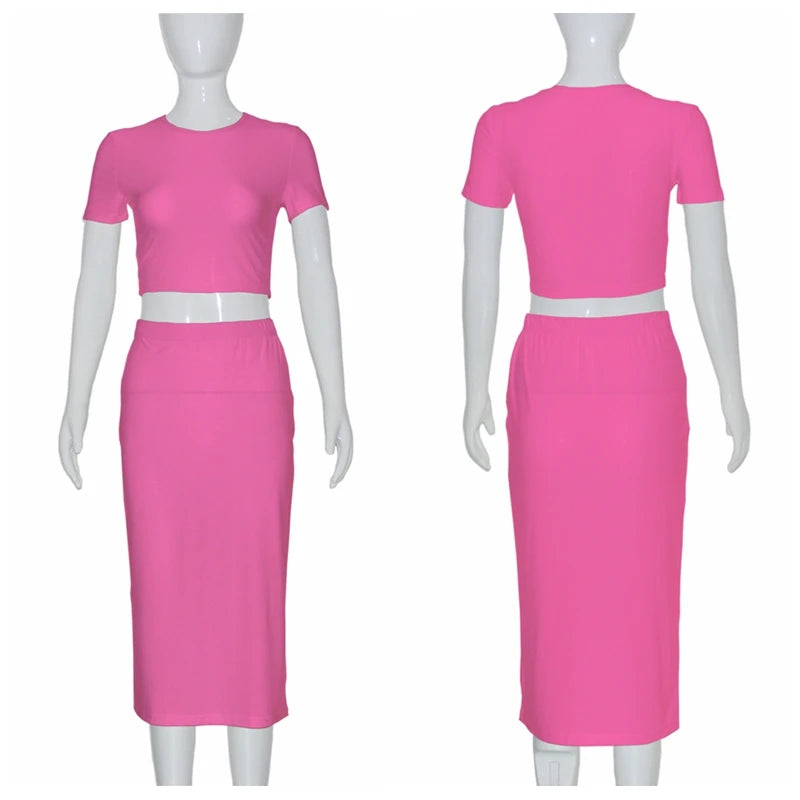 Womens Dress Sets Short Sleeve Crop Tops And Mid Calf Skirt Suit Fashion 2PCS Set Slim Office Lady Summer Suits Clothing QX2413