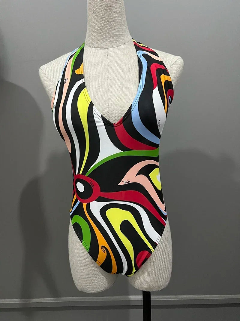 European Luxury Design Women's One-piece Swimsuits Striped Letter Print Swimwear Fashion Brand Women's Sexy Beach Bikini Sets
