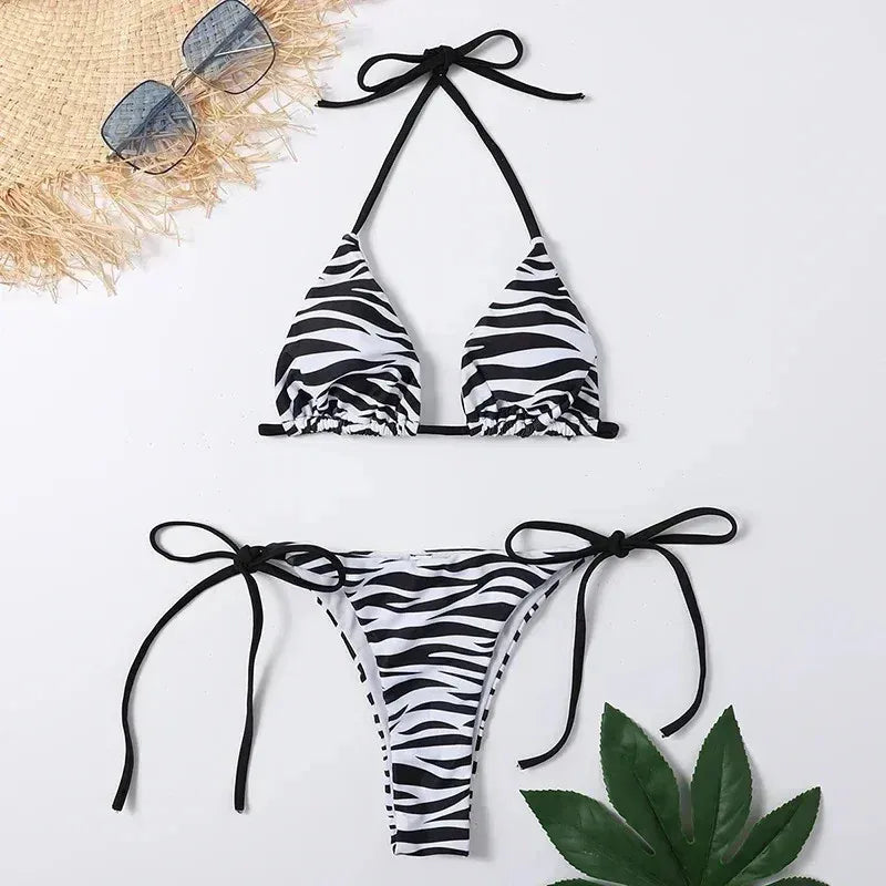 Blue Striped Print Swimwear Triangle Micro Bikini Set Mini Thong Sexy Swimsuit Women Halter String Bathing Suit Bikinis De Mujer