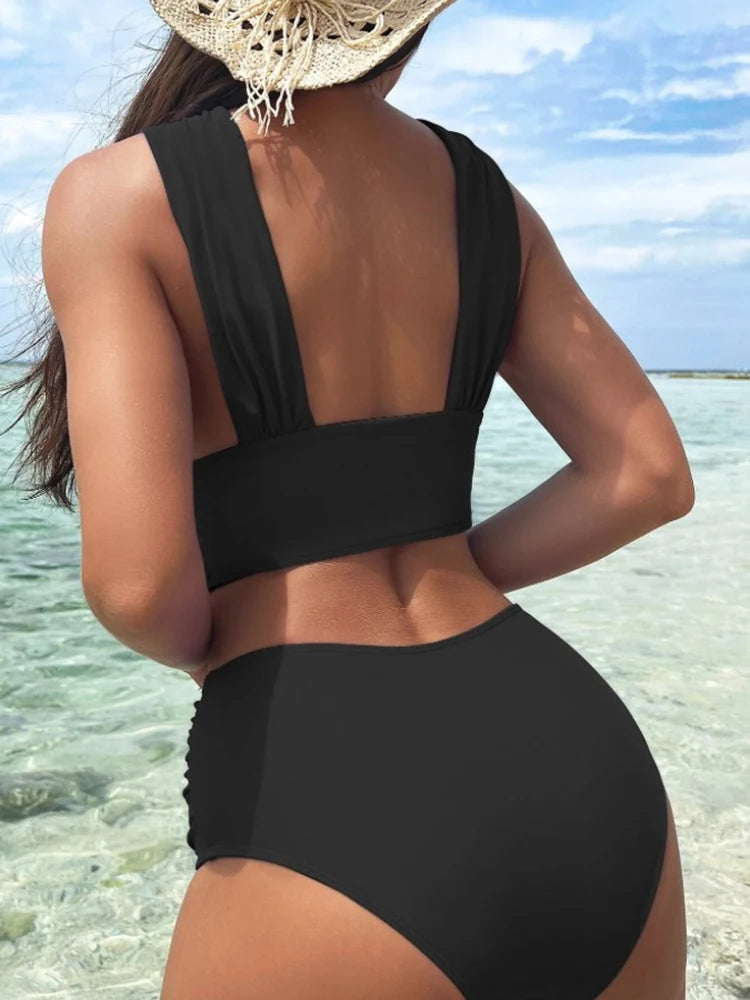 Circyy Blue Swimwear Women Cross Backless Split Swimsuit Pleated High Waisted Beachwear Summer 2025 New Holiday Sexy Bikini Set