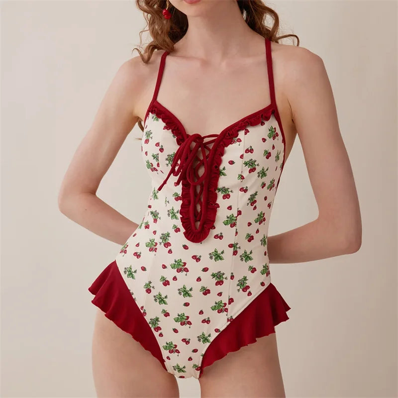 2024 New Bikini Swimsuit Girl's Beach Vaion Stberry Print One-Piece Cover-Up Swimming Suit Casual Women's Swimwear