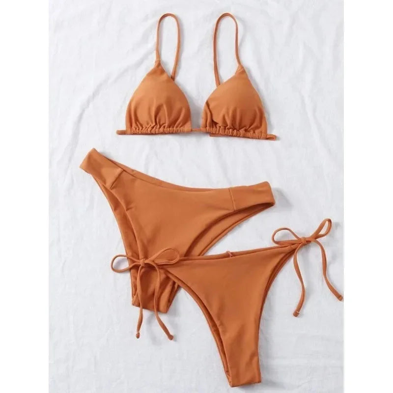 OIINAA Swimwear Women Sexy Solid Swimsuit Drawstring Bow Tie Bikini Set Three-pieces Beachwear Summer Thong Bather Bathing Suit