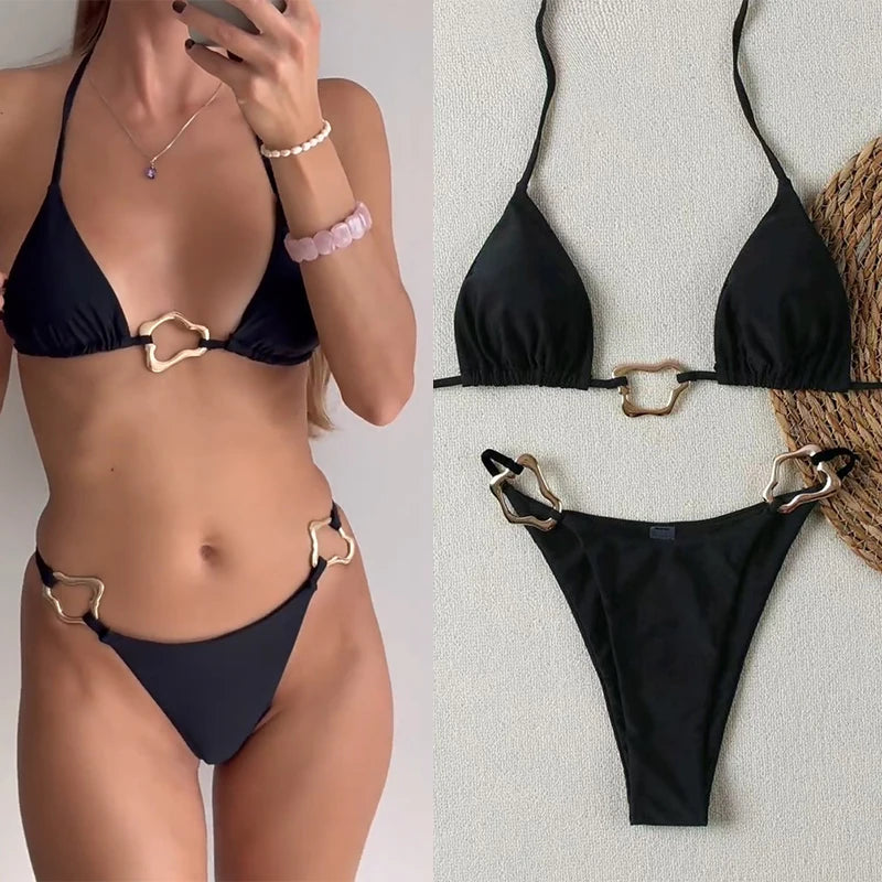 Sexy Solid Color Halter String Triangle Two Piece Bikini Trendy Metal Buckle Swimsuit For Women Summer Beach Lace-up Swimsuit